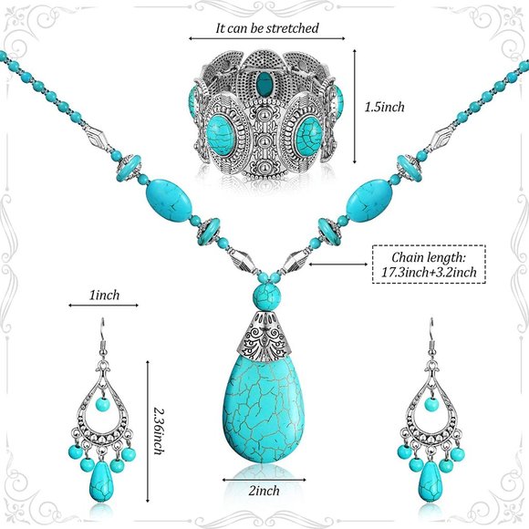 New 3 Pieces Bohemian Turquoise Jewelry Set Women Western Jewelry Set Turquoise - Picture 4 of 9